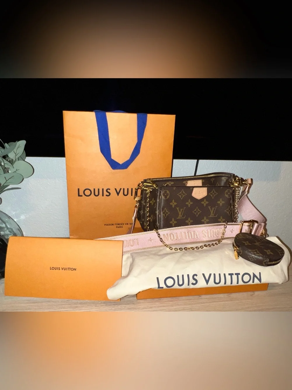 Louis Vuitton Monogram Crossbody with Pink Strap and Gold Hardware
